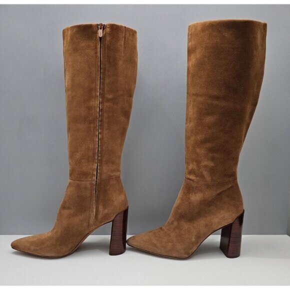 Vince Pilar Knee High Boot Women 9.5 WIDE CALF Amber Brown Suede Block Heel Fall - Picture 2 of 16
